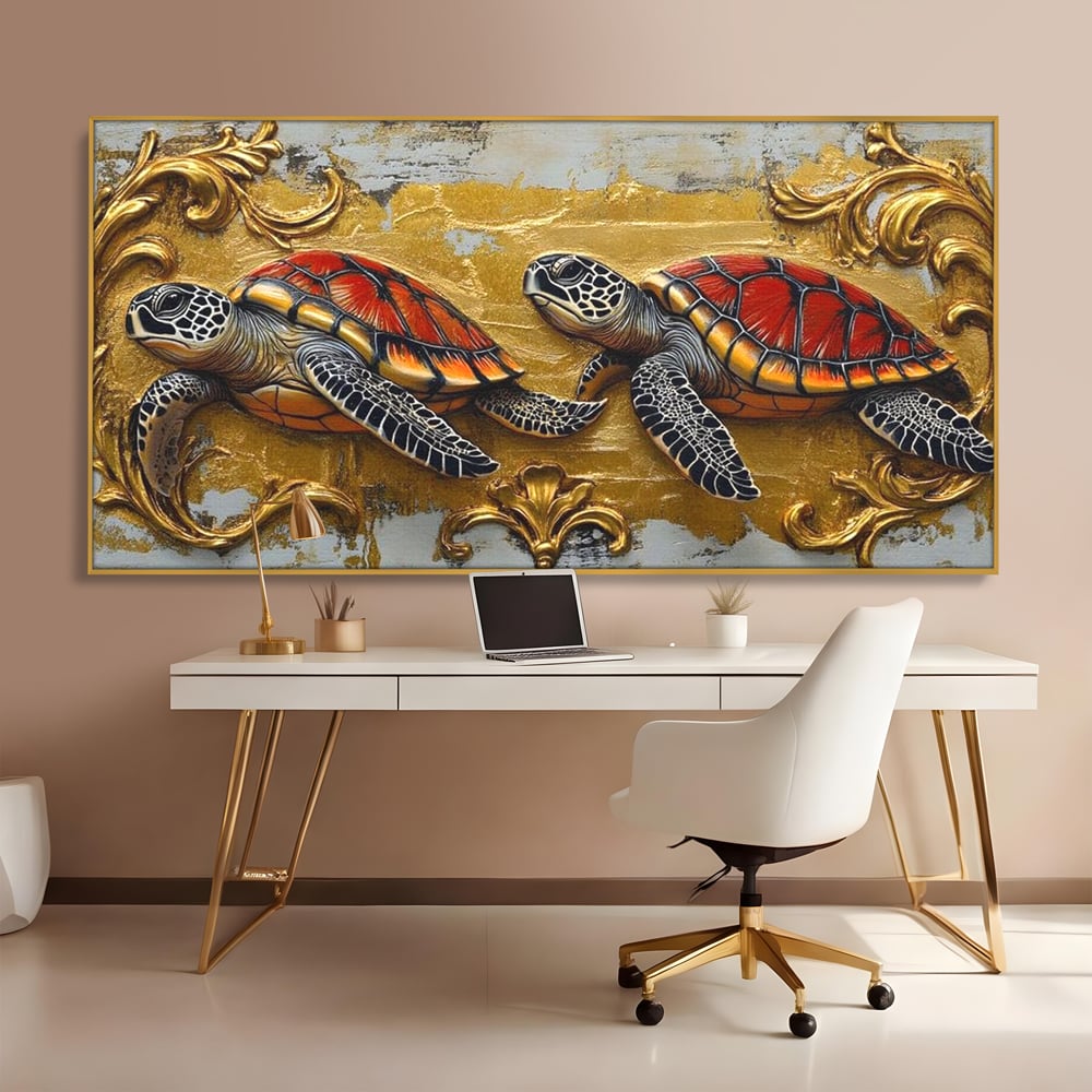 Tablou canvas cu tablou canvas cu doua testoase, in rama de aluminiu auriu, pe perete intr-un birou